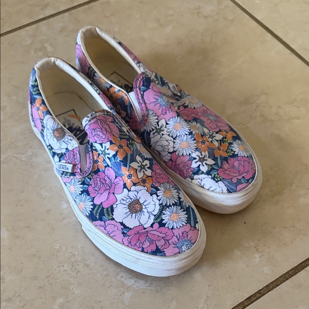 Vans Floral Slip-On Sneakers - Pink, Blue, and Orange -womens 7